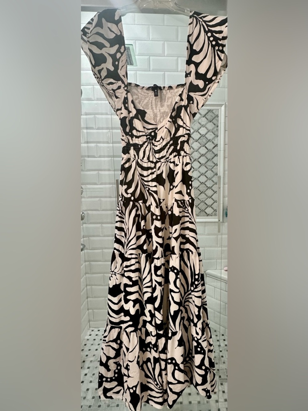 Aqua Black and Cream Abstract V-Neck Dress